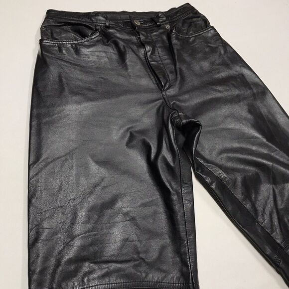 Vtg 80s DEERSKIN Trading Black Leather Jean Pants Men 28X30 Lined Rock Star - Picture 9 of 16